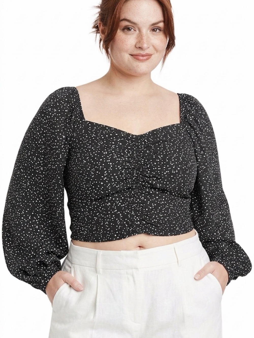 A New Day Black Polka Dot Ruched Balloon Sleeve Crop Blouse Women’s Size XL